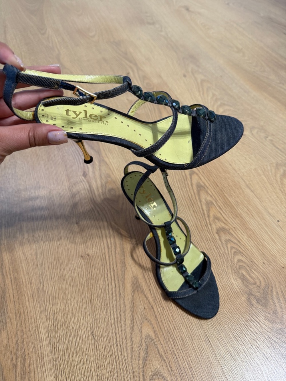 Richard Tyler Black Strappy Slingback Heels with Dark Gem Accents